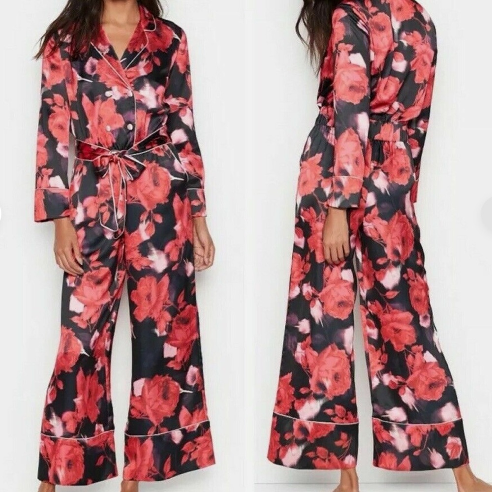 NWT Victoria’s Secret XS Satin Jacquard Jumpsuit One-piece Red Floral Belt